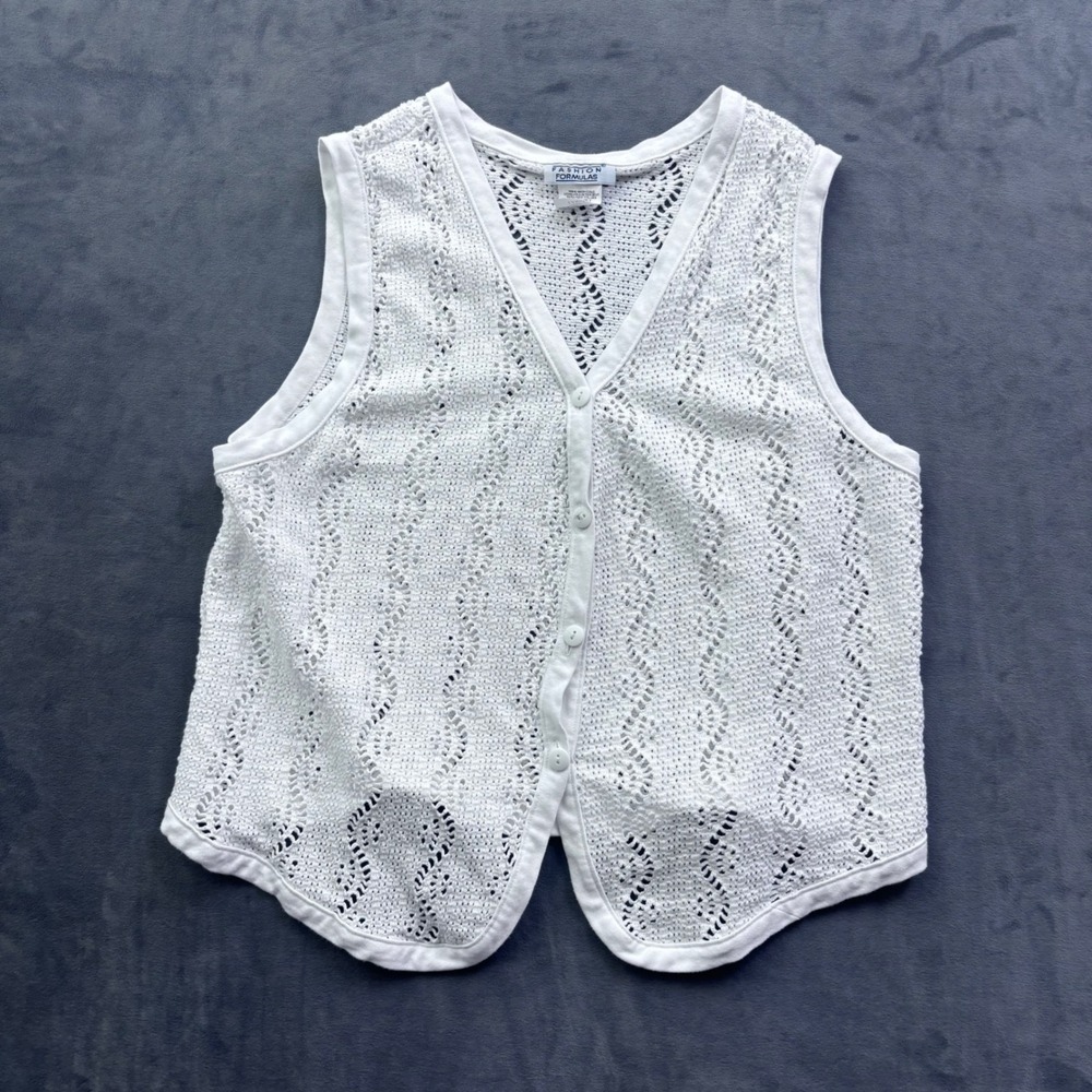 Fashion Formulas White Pointelle Knit Button Front Vest Made in USA Large